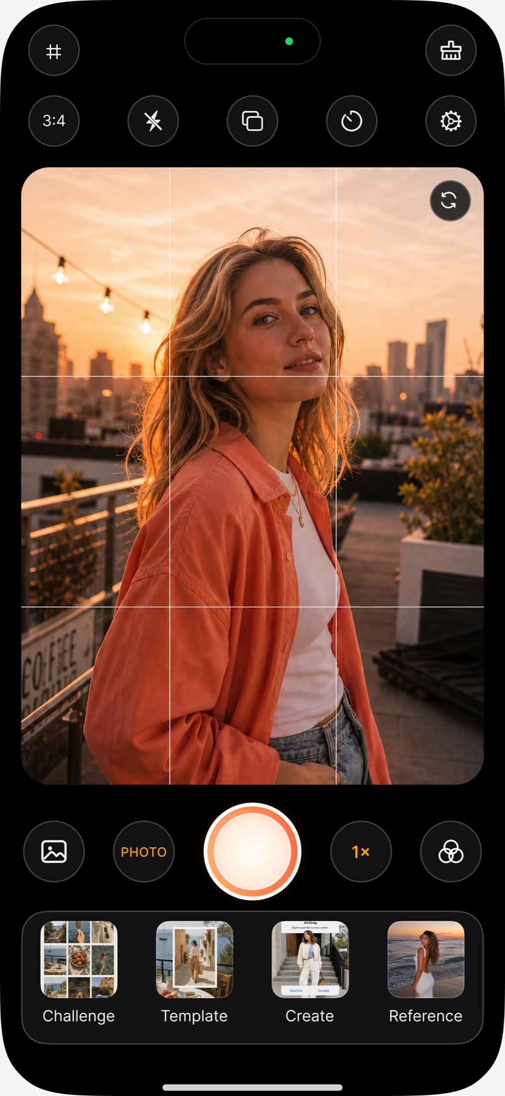 Pimmo V26 camera interface showing Challenge, Template, Create and Reference